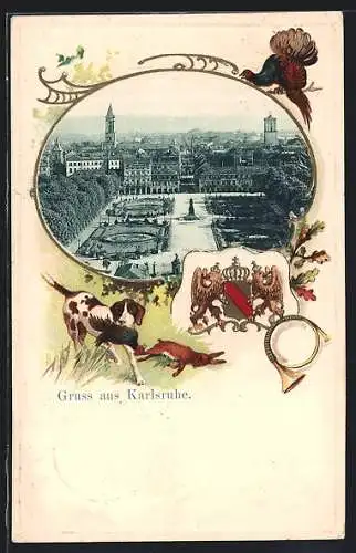 Passepartout-Lithographie Karlsruhe, Ausblick vom Schloss, Wappen, Horn und Jagdhund