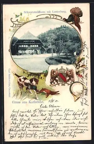 Passepartout-Lithographie Karlsruhe, Schwarzwaldhaus mit Lauterberg, Wappen, Horn und Jagdhund