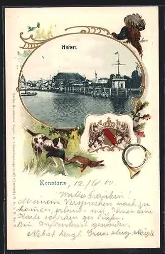 Passepartout-Lithographie Konstanz, Hafen, Wappen, Horn und Jagdhund