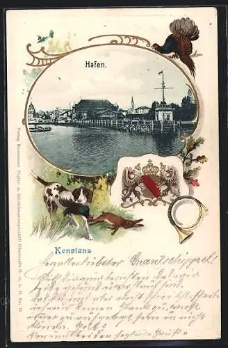 Passepartout-Lithographie Konstanz, Am Hafen, Wappen, Horn und Jagdhund