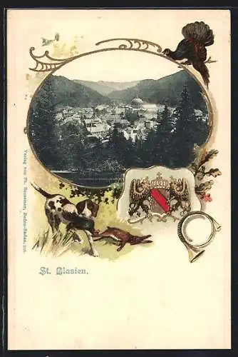 Passepartout-Lithographie St. Blasien, Panorama, Wappen, Horn und Jagdhund