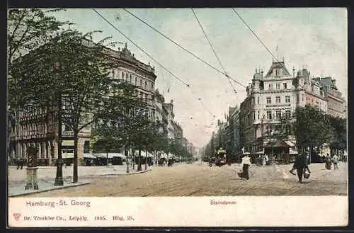 AK Hamburg-St. Georg, Strasse Steindamm mit Strassenbahn