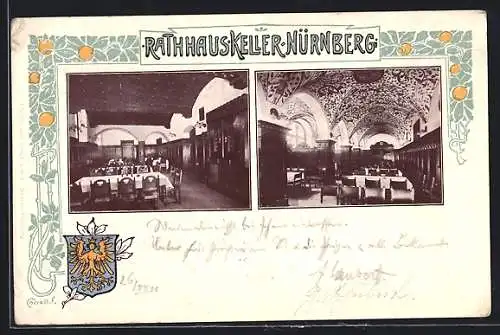 AK Nürnberg, Rathauskeller Innen mit Wappen