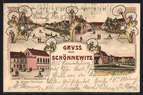 Lithographie Schönnewitz, Gasthof und Bäckerei von Gustav Neustadt, Strassenpartien im Ort