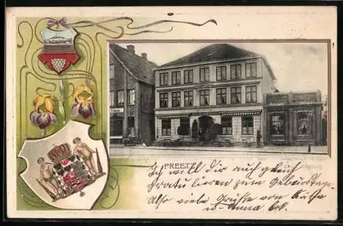 Passepartout-Lithographie Preetz, Hotel Stadt Hamburg, Wappen