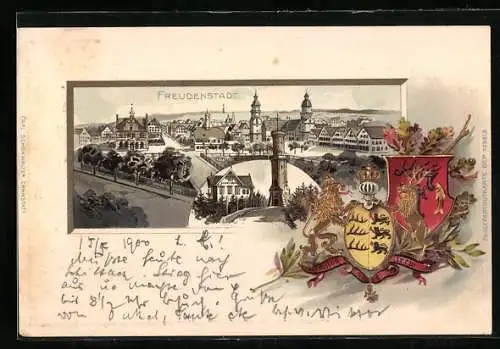 Passepartout-Lithographie Freudenstadt, Ortsansicht und geprägtes Wappen