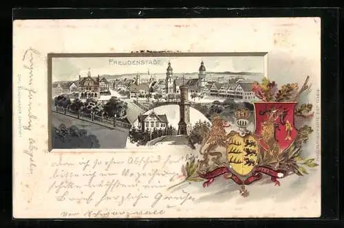Passepartout-Lithographie Freudenstadt, Totalansicht mit Ortspartie und Wappen