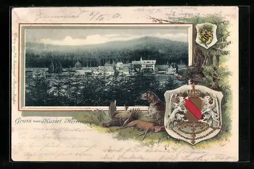 Passepartout-Lithographie Herrenwies, Ortsansicht aus der Vogelschau, Wappen