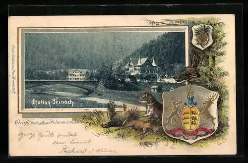 Passepartout-Lithographie Teinach i. Schwarzwald, Teilansicht mit Villa und Brücke, Wappen