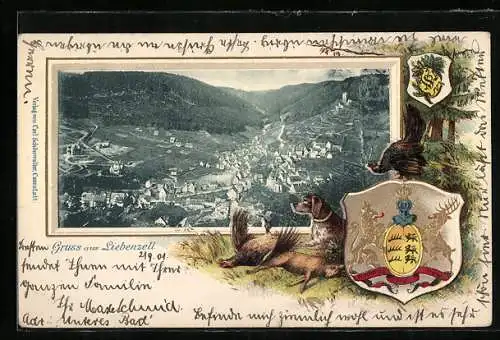 Passepartout-Lithographie Liebenzell, Wappen mit Blick auf die Stadt, Jagdhund
