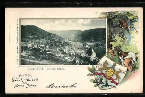 Passepartout-Lithographie Oberndorf / Neckar, Untere Stadt aus der Vogelschau, Wappen