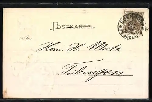 Passepartout-Lithographie Oberndorf / Neckar, Untere Stadt aus der Vogelschau, Wappen