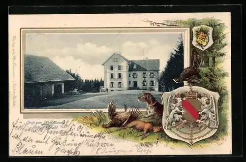 Passepartout-Lithographie Hochblauen /Schwarzwald, Gebäudeansicht, Wappen, Jagdszene, Hund