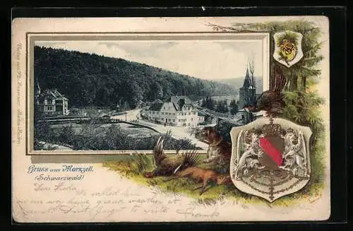 Passepartout-Lithographie Marxzell /Schwarzwald, Teilansicht mit Kirche, Wappen
