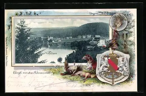 Passepartout-Lithographie Titisee / Schwarzwald, Ortspanorama, Stadtwappen