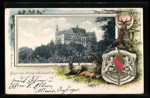 Passepartout-Lithographie Heiligenberg / Bodensee, Blick zum Schloss, Wappen