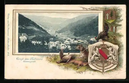 Passepartout-Lithographie Todtmoos /Schwarzwald, Ortsansicht aus der Vogelschau, Wappen