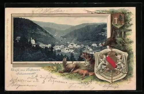 Passepartout-Lithographie Todtmoos /Schwarzwald, Teilansicht, Wappen