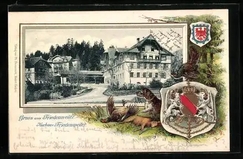Passepartout-Lithographie Friedenweiler, Kurhaus Friedenweiler, Jagdhund mit Beute, Wappen