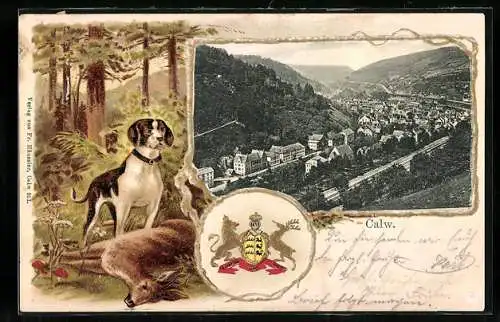 Passepartout-Lithographie Calw, Ortsansicht aus der Vogelschau, Wappen