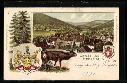 Lithographie Herrenalb, Panorama und Wappen