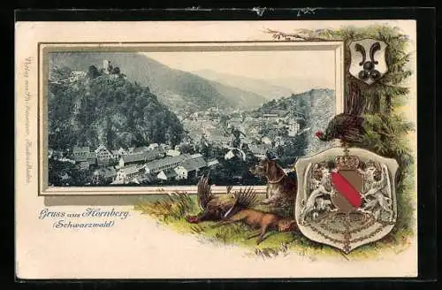Passepartout-Lithographie Hornberg / Schwarzwald, Schloss, Wappen, Jagdhund mit erlegtem Wild