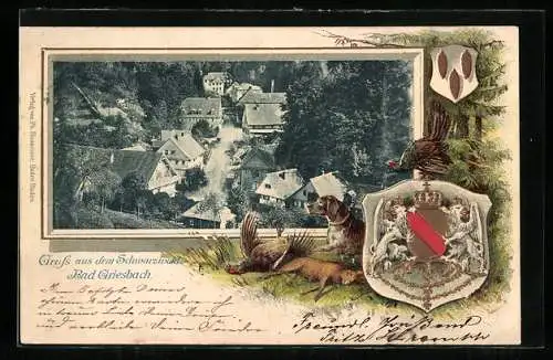 Passepartout-Lithographie Bad Griesbach /Schwarzw., Ortsansicht aus der Vogelschau, Jagdhund mit Wild, Wappen