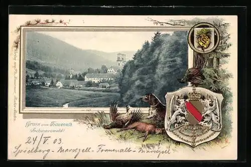 Passepartout-Lithographie Frauenalb, Teilansicht der Ortschaft, Wappen