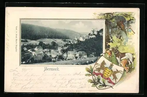 Passepartout-Lithographie Berneck / Württ., Ortsansicht aus der Vogelschau, Wappen