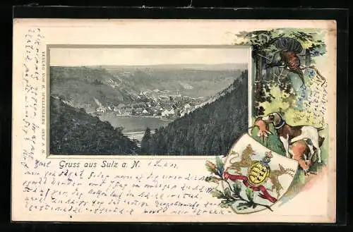 Passepartout-Lithographie Sulz a. N., Panoramablick auf den Ort, Wappen
