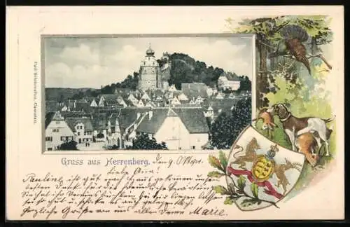 Passepartout-Lithographie Herrenberg, Ortsansicht aus der Vogelschau, Wappen