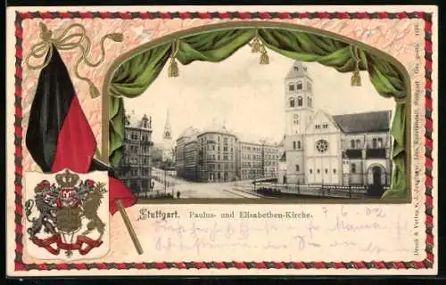 Passepartout-Lithographie Stuttgart, Paulus- und Elisabethen-Kirche, Wappen
