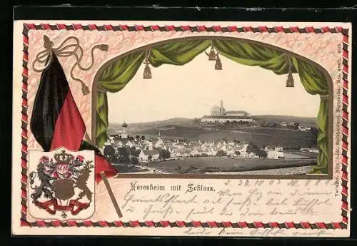 Passepartout-Lithographie Neresheim, Ortsansicht mit Schloss, Wappen