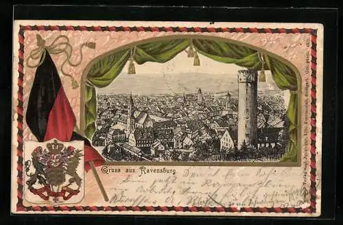 Passepartout-Lithographie Ravensburg / Württ., Ortsansicht aus der Vogelschau, Wappen