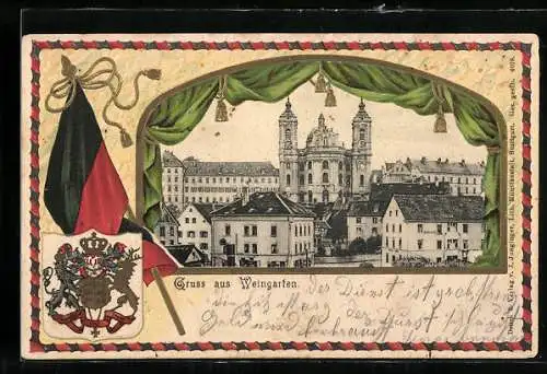 Passepartout-Lithographie Weingarten / Württ., Ortsansicht in einem Bühnenfenster, Wappen, Fahne