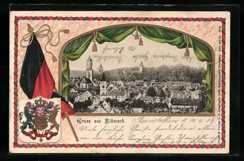 Passepartout-Lithographie Biberach / Riss, Ortsansicht aus der Vogelschau, Wappen