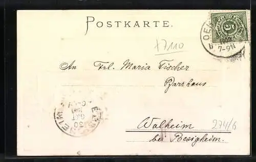 Passepartout-Lithographie Oehringen, Teilansicht, Wappen