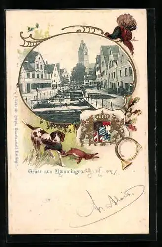 Passepartout-Lithographie Memmingen, Ortsansicht mit Kirche, Wappen