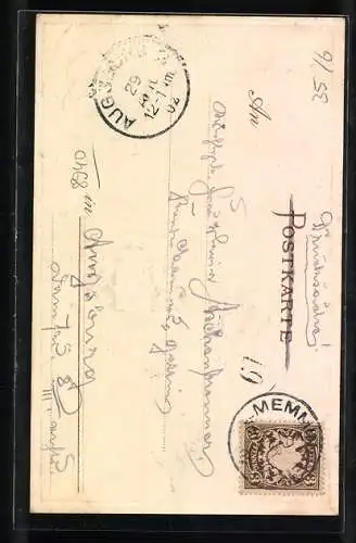 Passepartout-Lithographie Memmingen, Ortsansicht mit Kirche, Wappen