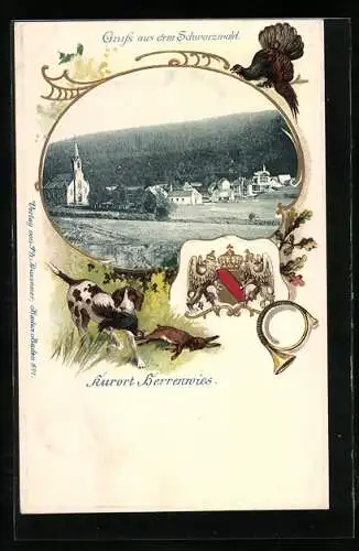 Passepartout-Lithographie Herrenwies, Ortsansicht aus der Vogelschau, Wappen