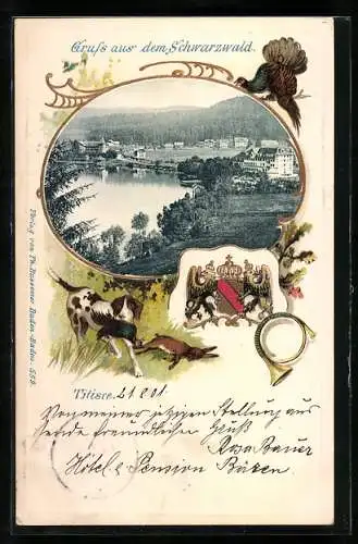 Passepartout-Lithographie Titisee, Ortsansicht aus der Vogelschau, Wappen