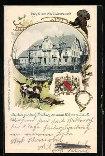 Passepartout-Lithographie Furtwangen, Gasthaus zur Stadt Freiburg am neuen Eck, Wappen