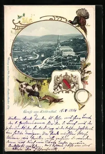 Passepartout-Lithographie Lichtenthal / Baden-Baden, Ortsansicht aus der Vogelschau, Wappen