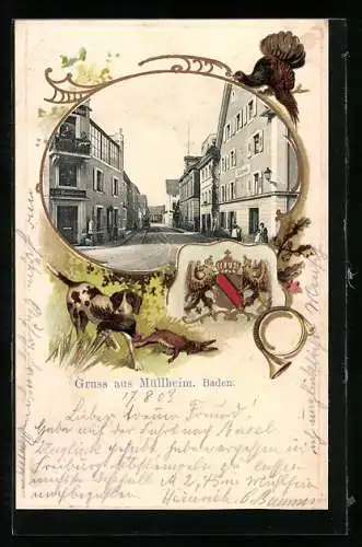 Passepartout-Lithographie Müllheim /Baden, Strassenpartie, Wappen