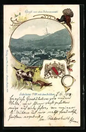 Passepartout-Lithographie Schönau / Wiesenthal, Ortsansicht aus der Vogelschau, Wappen