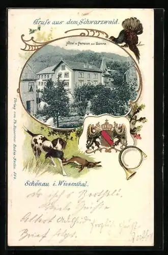 Passepartout-Lithographie Schönau i. Wiesenthal, Hotel und Pension zur Sonne, Jagdhund