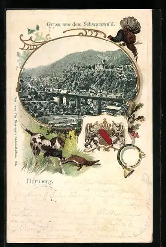 Passepartout-Lithographie Hornberg / Schwarzwald, Ortsansicht aus der Vogelschau, Wappen