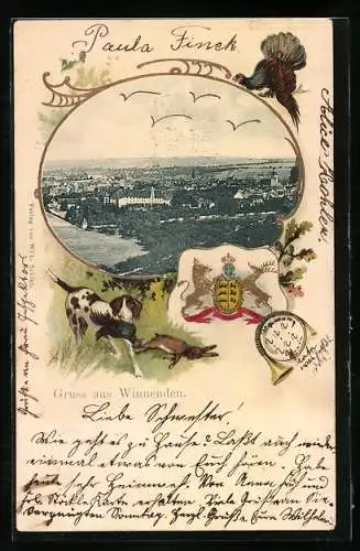 Passepartout-Lithographie Winnenden, Ortsansicht aus der Vogelschau, Wappen
