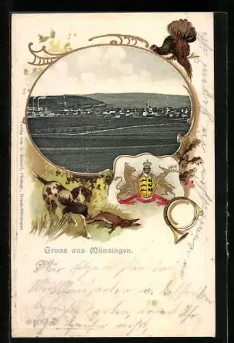 Passepartout-Lithographie Münsingen, Ortsansicht aus der Vogelschau, Wappen