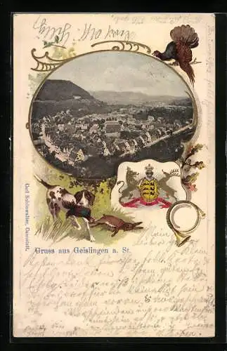 Passepartout-Lithographie Geislingen a. St., Ortsansicht aus der Vogelschau, Wappen
